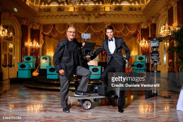Tony Renis and Giovanni Antonacci are seen filming on the set of the movie "Lamborghini - The Legend" on October 04, 2021 in Rome, Italy.