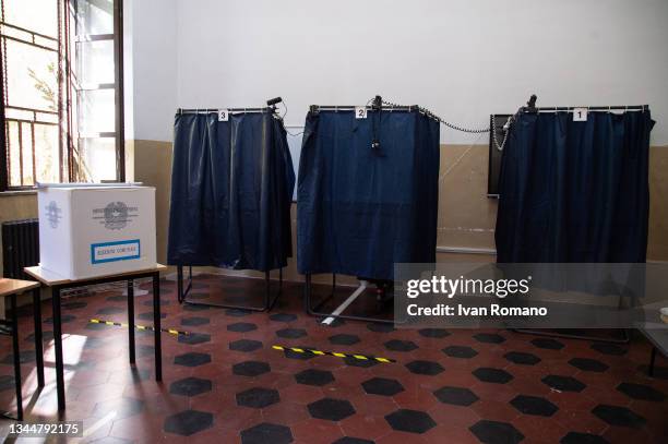 General view inside of a polling station during the counting of the ballot papers on October 04, 2021 in Salerno, Italy. On the 3rd and 4th October...