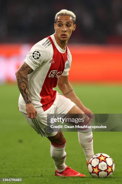 Antony of AFC Ajax in action during the UEFA Champions League group C match between AFC Ajax and Besiktas at Amsterdam Arena on September 28, 2021 in...