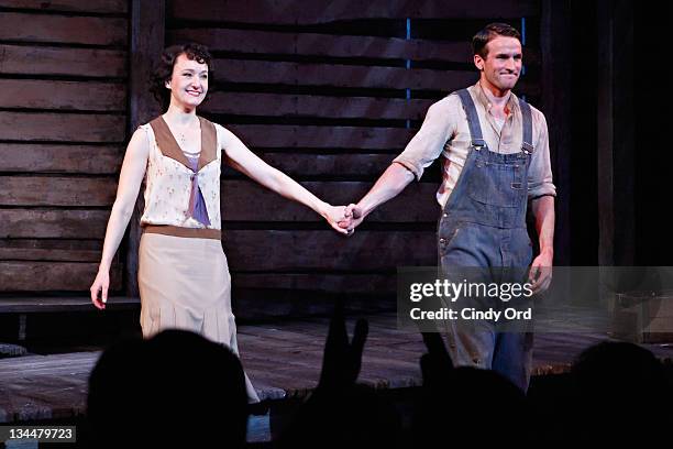 Actors Melissa Van Der Schyff and Claybourne Elder participate in the curtain call at the Broadway opening night of "Bonnie & Clyde" at the Gerald...