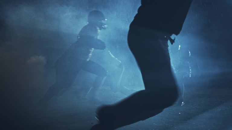 Falling Dramatic Run American Football Field Two Teams Compete: Players Pass, Run, Attack to ...