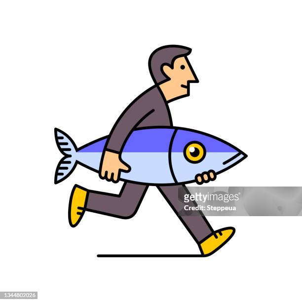 man runs with big fish - seafood logo stock illustrations