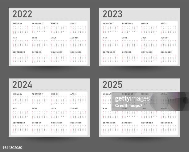 年のカレンダーテンプレート:2022年、2023年、2024年、2025年。週は日曜日に始まります。 - カレンダー点のイラスト素材／クリップアート素材／マンガ素材／アイコン素材