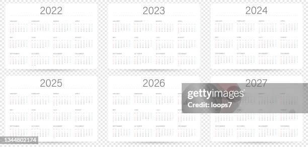 illustrazioni stock, clip art, cartoni animati e icone di tendenza di modelli di calendario per gli anni: 2022, 2023, 2024, 2025, 2026 e 2027 - lunedì
