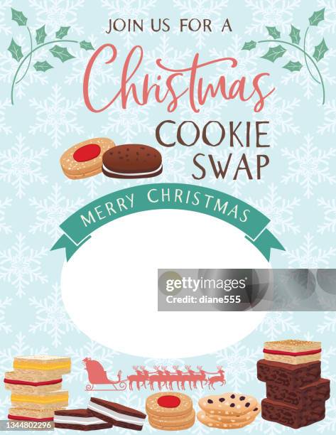 ilustraciones, imágenes clip art, dibujos animados e iconos de stock de plantilla de invitación de intercambio de cookies de navidad - cocinero navidad