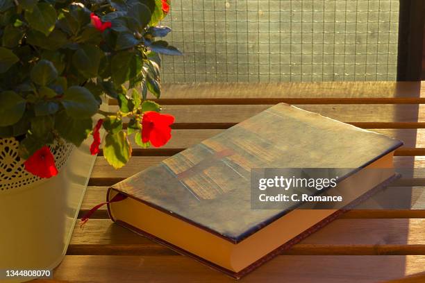libro sobre mesa de madera al atardecer - mesa de madera bildbanksfoton och bilder