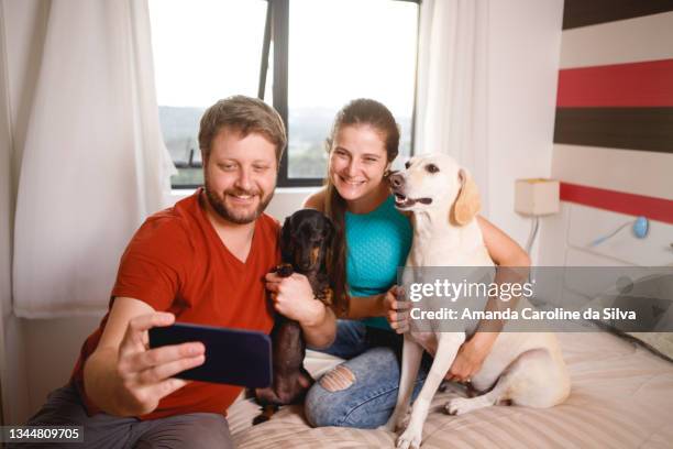 couple taking selfie with their dogs at home - familie sofa stock pictures, royalty-free photos & images