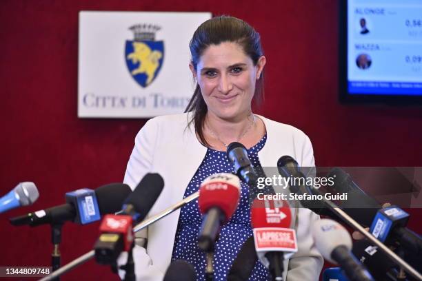 Chiara Appendino current mayor of Turin speaks at the press conference inside the municipal building of Turin on October 4, 2021 in Turin, Italy. The...