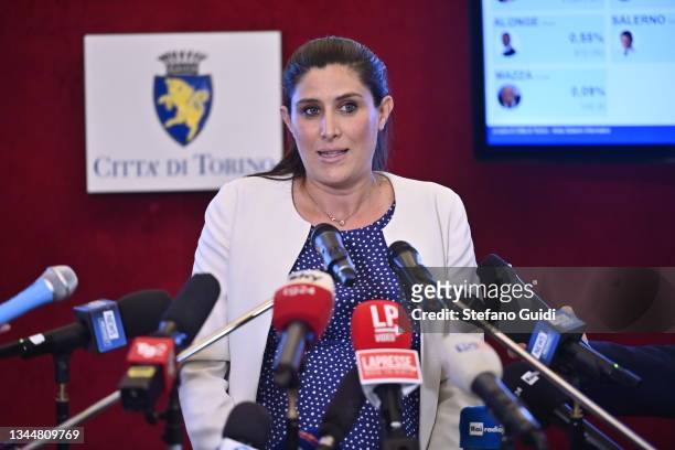Chiara Appendino current mayor of Turin speaks at the press conference inside the municipal building of Turin on October 4, 2021 in Turin, Italy. The...