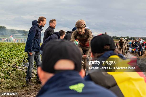 Florian Vermeersch of Belgium and Team Lotto Soudal rides the cobblestones sector 5 of Camphin-en- Pèvéle during the 118th Paris-Roubaix men's Elite...