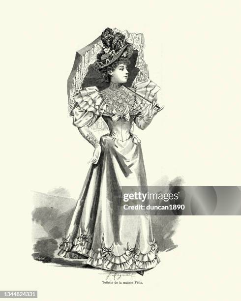 ilustrações, clipart, desenhos animados e ícones de moda feminina dos anos 1890, vestido, guarda-sol, chapéu, francês vitoriano do século xix - 1890s dresses
