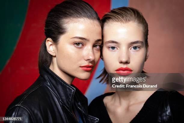 Model poses backstage ahead of the Giambattista Valli Womenswear Spring/Summer 2022 show as part of Paris Fashion Week on October 04, 2021 in Paris,...