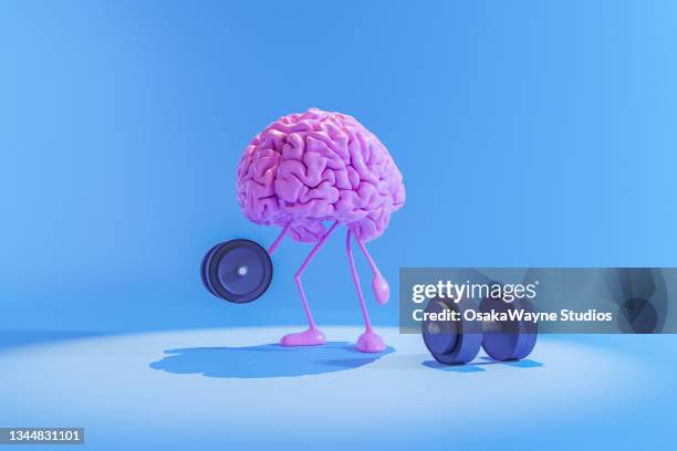 human brain lifting dumbbell, mental health - brain workout stock-fotos und bilder