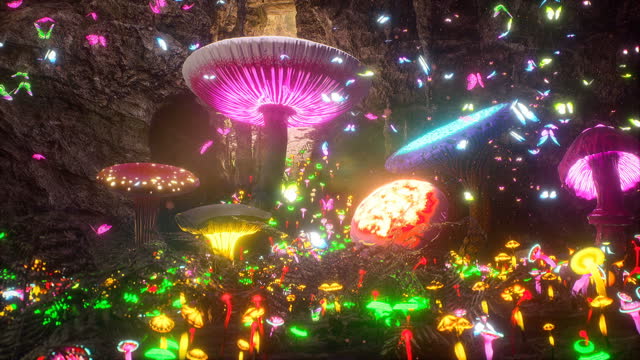 A mysterious magical cave with flying butterflies and magical glowing mushrooms. The concept of magical mushrooms. The looped animation is perfect for fairy tales, fantasy and magical backgrounds