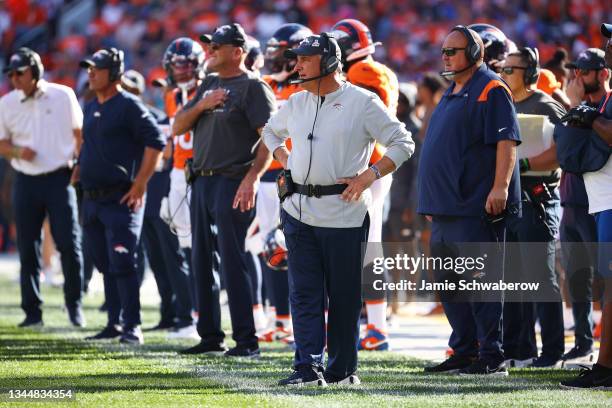 Head coach Vic Fangio of the Denver Broncos coaches against the Baltimore Ravens at Empower Field At Mile High on October 3, 2021 in Denver, Colorado.