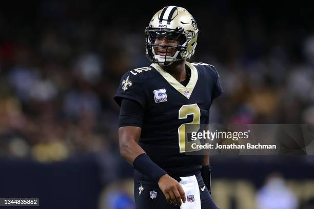 Jameis Winston of the New Orleans Saints reacts against the New York Giants during a game at the Caesars Superdome on October 03, 2021 in New...