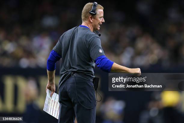 Offensive coordinator Jason Garrett of the New York Giants reacts against the New Orleans Saints during a game at the Caesars Superdome on October...