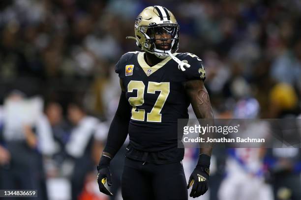 Malcolm Jenkins of the New Orleans Saints reacts against the New York Giants during a game at the Caesars Superdome on October 03, 2021 in New...