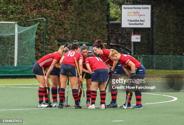 View of Penarth Womens Hockey team having a team huddle during an interval in play during Penarth v Witney - Women's National Hockey League on...
