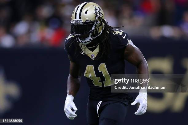 Alvin Kamara of the New Orleans Saints in action against the New York Giants during a game at the Caesars Superdome on October 03, 2021 in New...