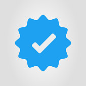 Blue verified account icon. Approved profile sign. Tick in rounded corners star. Top page logo. Check mark. safety person in web. Vector illustration.