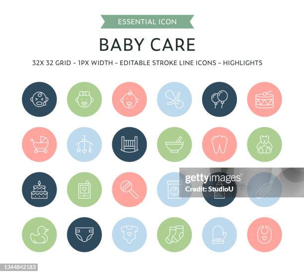 stockillustraties, clipart, cartoons en iconen met baby care thin line icon collection - toy rattle