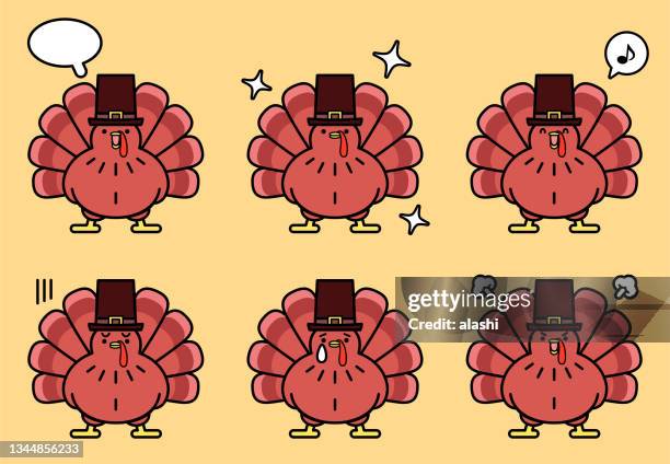 niedliches icon-set aus thanksgiving-truthahn mit sechs gesichtsausdrücken in farbigen pastellfarben - happy thanksgiving text stock-grafiken, -clipart, -cartoons und -symbole