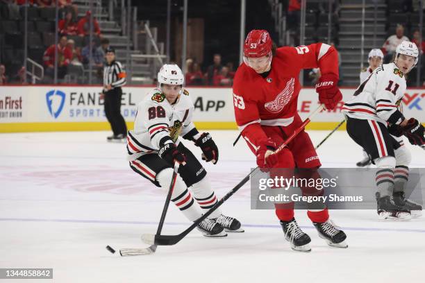 Moritz Seider of the Detroit Red Wings tries to get around the stick of Patrick Kane of the Chicago Blackhawks during a preseason game at Little...