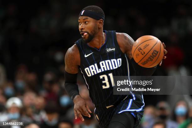 Terrence Ross of the Orlando Magic dribbles against the Boston Celtics during the first quarter of the preseason game at TD Garden on October 04,...