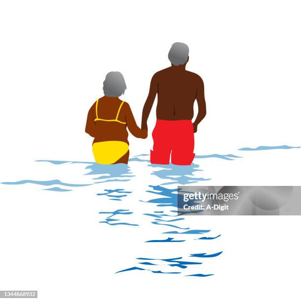 elderly couple lake swim red - seniors having fun stock illustrations