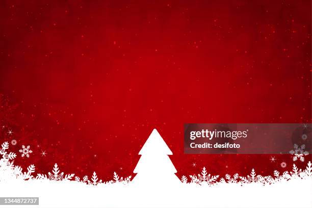 glittery christmas vector horizontal red backgrounds with a white coloured tree over bright vibrant maroon backdrop with white snow at the bottom, snowflakes at the top and glittery shiny dots all over - bling pattern stock illustrations