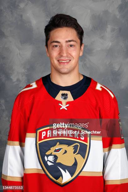 Frank Vatrano 77 of the Florida Panthers poses for his official headshot for the 2021-2022 NHL season on September 22, 2021 at the FLA Live Arena in...