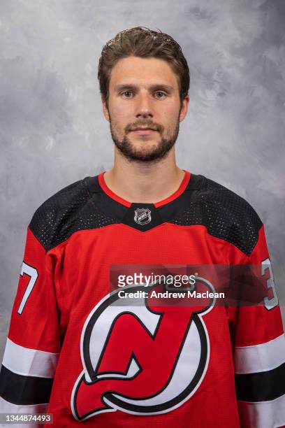 U2013 September 25: Pavel Zacha of the New Jersey Devils poses for his official headshot for the 2021-2022 season on September 25, 2021 at Prudential...