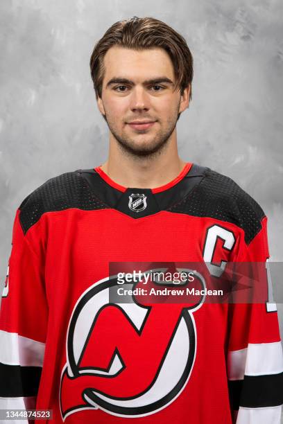U2013 September 24: Nico Hischier of the New Jersey Devils poses for his official headshot for the 2021-2022 season on September 24, 2021 at...