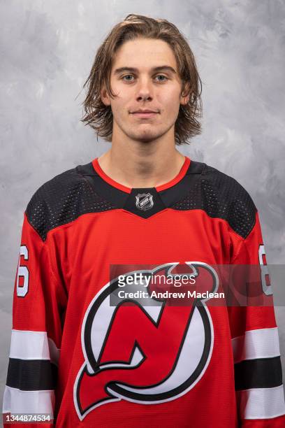 U2013 September 24: Jack Hughes of the New Jersey Devils poses for his official headshot for the 2021-2022 season on September 24, 2021 at Prudential...