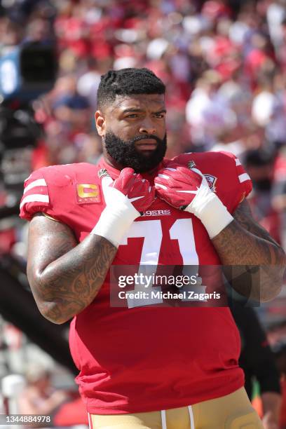 Trent Williams of the San Francisco 49ers on the sidelines before the game against the Seattle Seahawks at Levi's Stadium on October 3, 2021 in Santa...