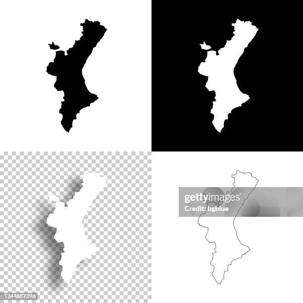 ilustraciones, imágenes clip art, dibujos animados e iconos de stock de mapas de la comunidad valenciana para el diseño. fondos en blanco, blancos y negros - icono de línea - valencia spain