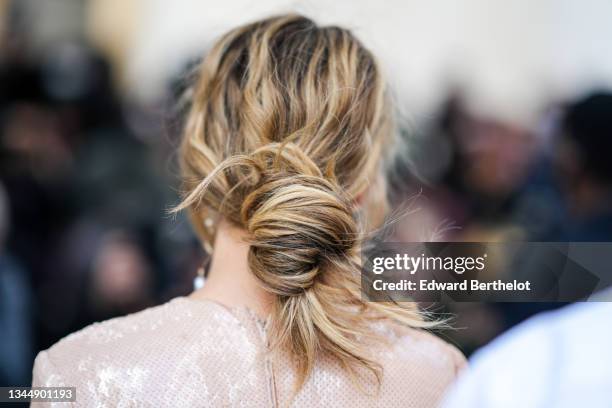 Debby Ryan wears a pale pink shiny sequined long sleeves / long dress, outside the Giambattista Valli show, during Paris Fashion Week - Womenswear...