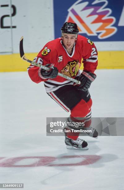 Steve Sullivan from Canada and Right Wing for the Chicago Blackhawks in motion on the ice during the NHL Western Conference Northwest Division game...