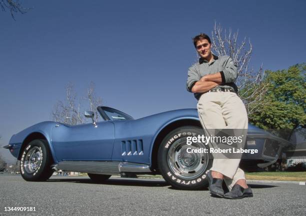 Teemu Selanne from Finland and Right Wing for the Mighty Ducks of Anaheim poses for a photograph with his 1968 Chevrolet Corvette Convertible on 27th...