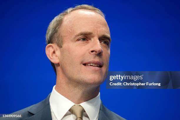 Justice Secretary and deputy Prime Minister Dominic Raab delivers his keynote speech on the third day of the Conservative Party Conference at...