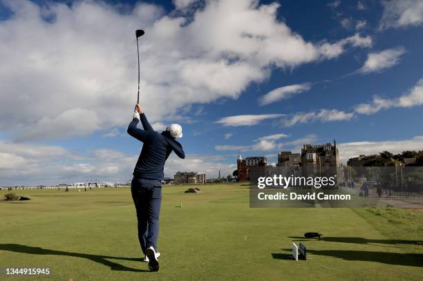 Joe Root of England the England Test cricket captain plays his tee shot on the 18th hole during the final round of The Alfred Dunhill Links...