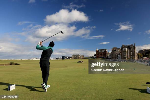 Laurie Canter of England plays his tee shot on the 18th hole during the final round of The Alfred Dunhill Links Championship on The Old Course on...