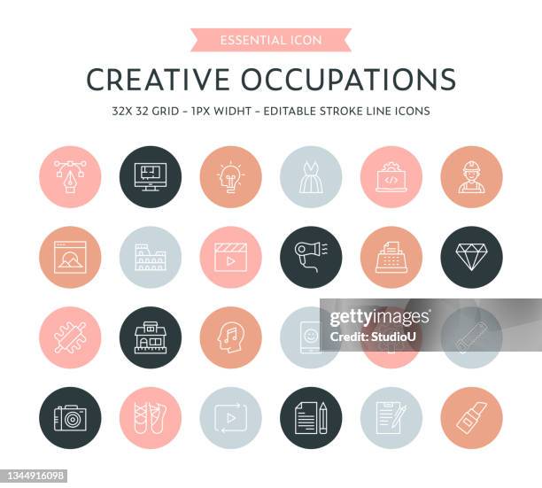 creative occupations thin line icon collection - carpenter pencil stock illustrations