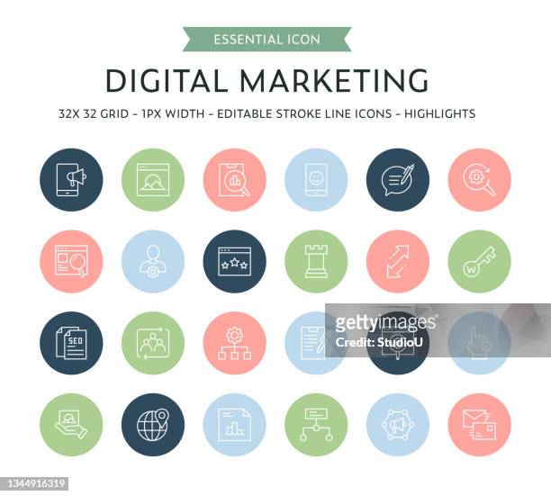 digital marketing thin line icon collection - content stock illustrations