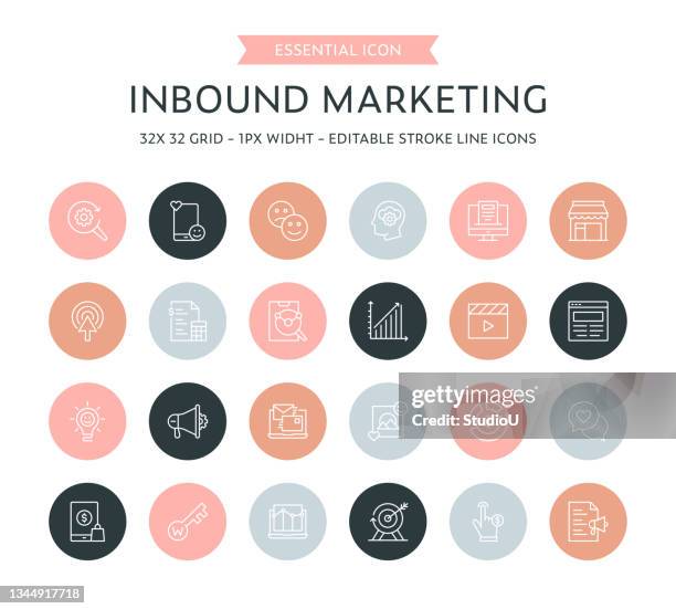 inbound marketing thin line icon collection - process funnel infographic stock illustrations