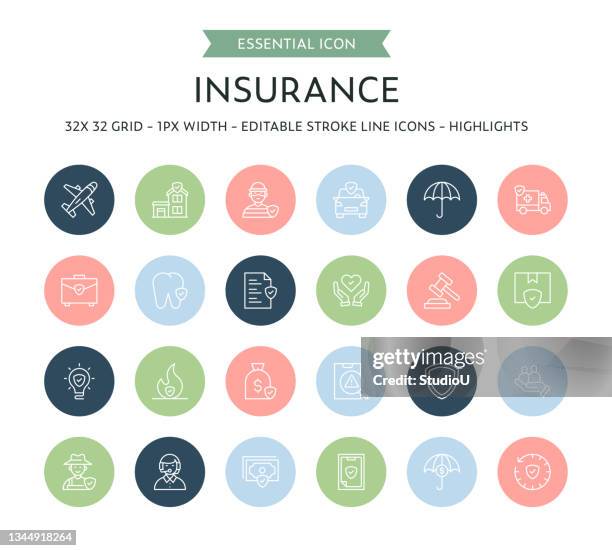 insurance thin line icon collection - travel insurance stock illustrations