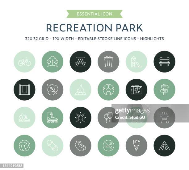 recration park thin line icon collection - soccer bench stock illustrations