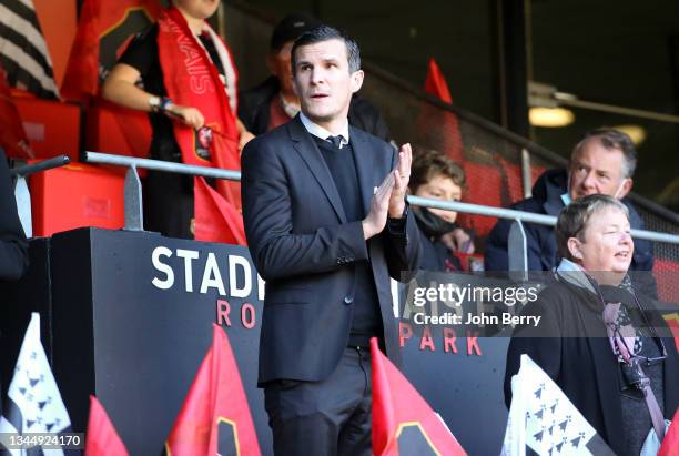 Romain Danze of Stade Rennais attends the Ligue 1 Uber Eats match between Stade Rennais and Paris Saint-Germain at Roazhon Park on October 3, 2021 in...