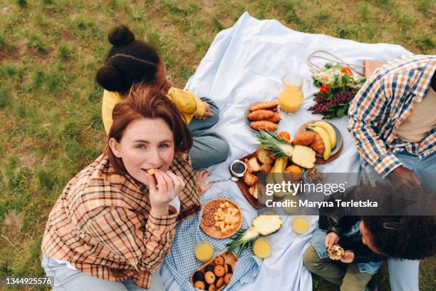 happy family on a picnic with beautiful and delicious food. - eating cheese stock-fotos und bilder